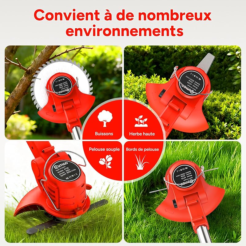 Debroussailleuse Electrique sans Fil, Débroussailleuse à Gazon sans balais avec 2 Batteries et 4 Lames avec poignée réglable, Débroussailleuse à Gazon Portable d'extérieur pour Couper l'herbe