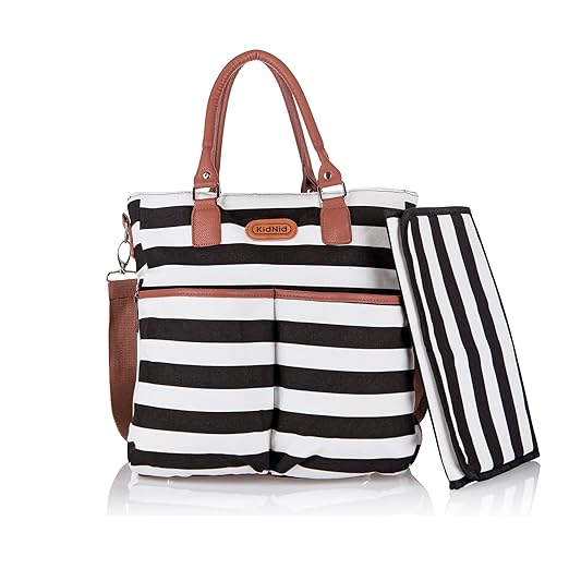 Kidnid Baby Cotton Messenger Organizer Diaper Tote Bag with Changing Pad Black  White 14-Inch