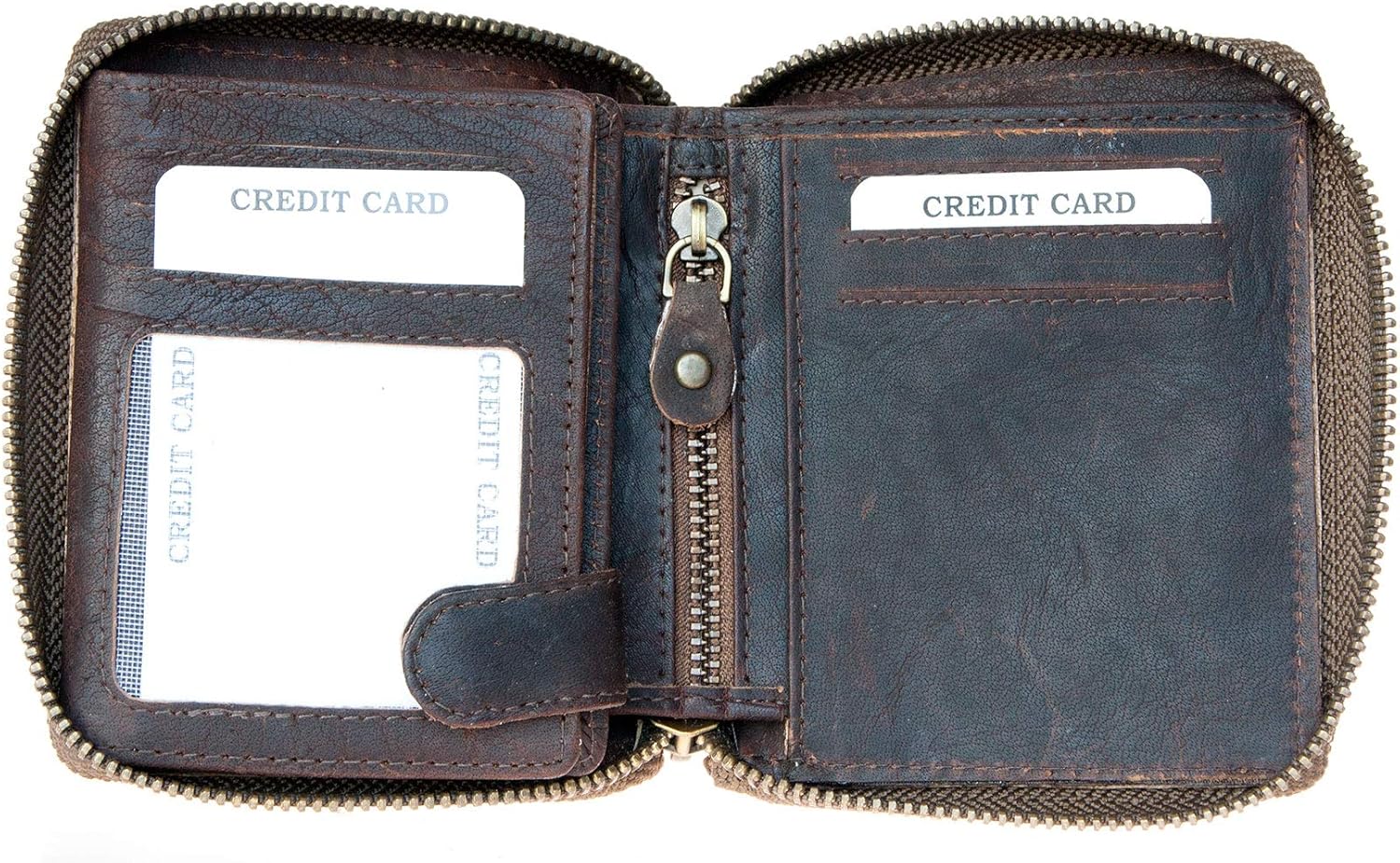 FLW Small Strong Oiled Genuine Leather Wallet With Metal Zipper Around, Brown - Image 4