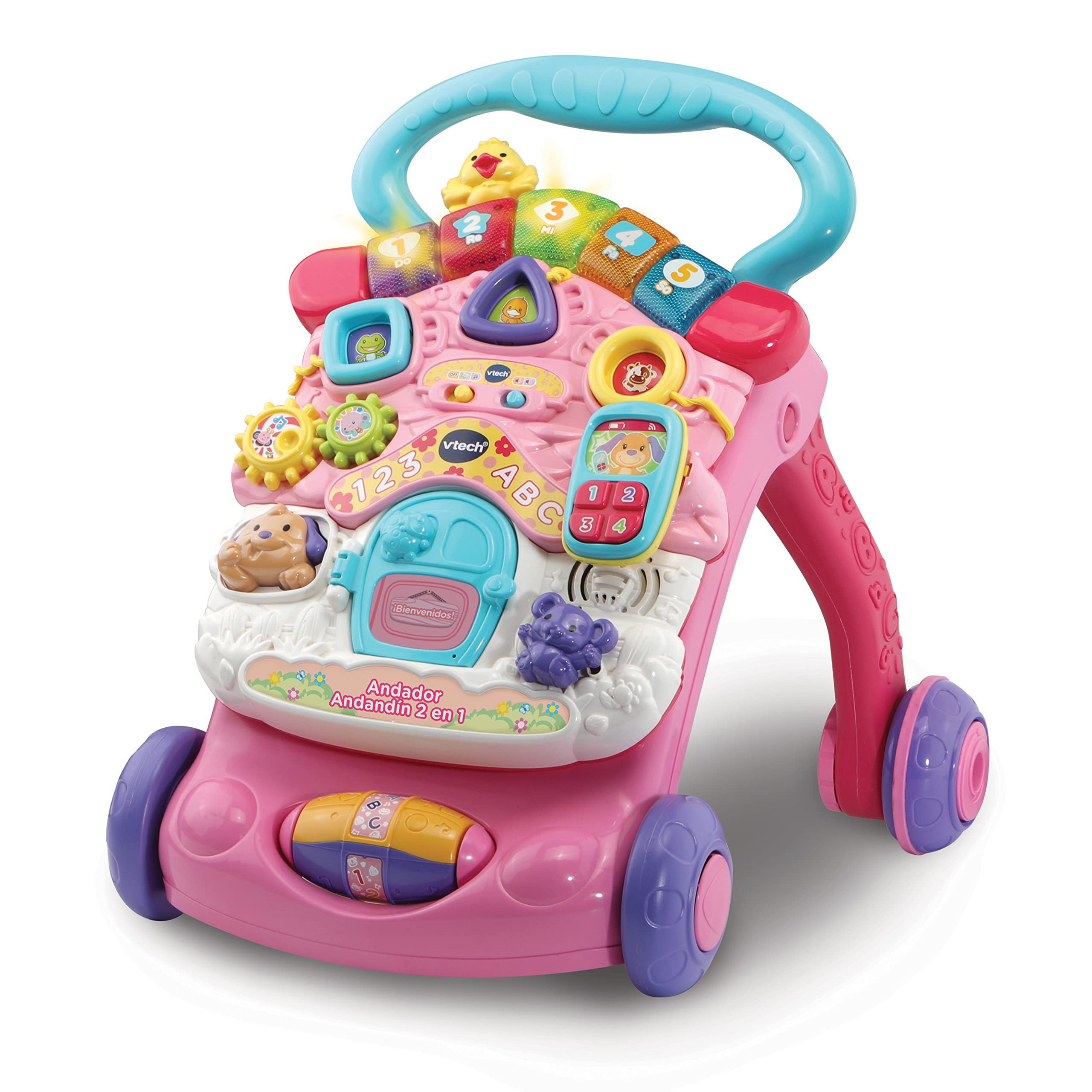 VTech - 2 in 1 Walker Walker with Music and Lights, Folding Legs, Removable Panel, Speed Regulator, Pink, ESP Version, Standard Packaging