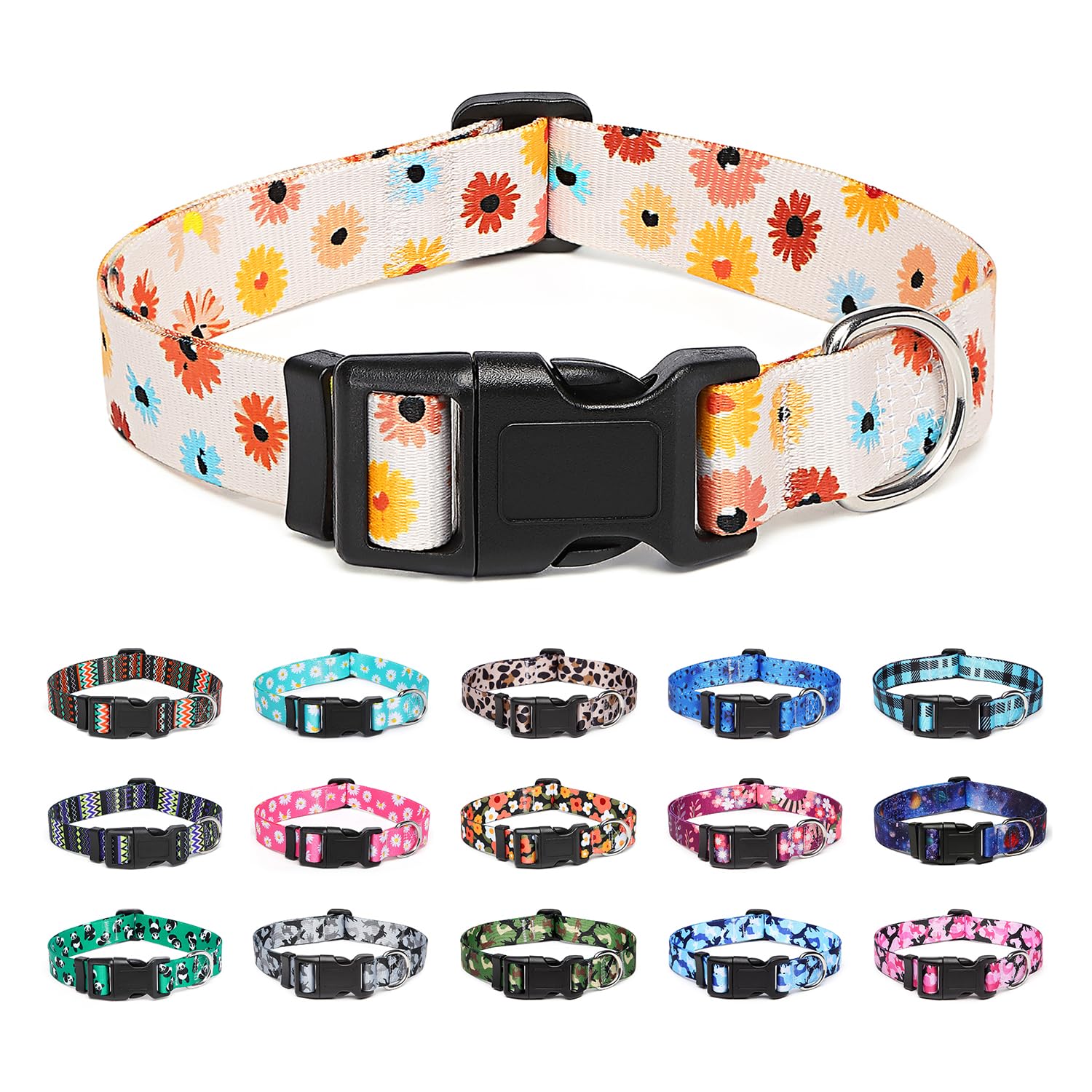 Suredoo Adjustable Dog Collar with Patterns, Ultra Comfy Soft Nylon Breathable Pet Collar for Small Medium Large Dogs (L, Floral Daisy) — image 1