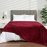 PAVILIA Soft Fleece Queen Bed Blanket Burgundy Wine Red, Large Fuzzy Plush Flannel Blanket, Warm Cozy Ribbed Microfiber Blanket for Sofa Couch, Lightweight Striped Blanket, Wine, 90x90