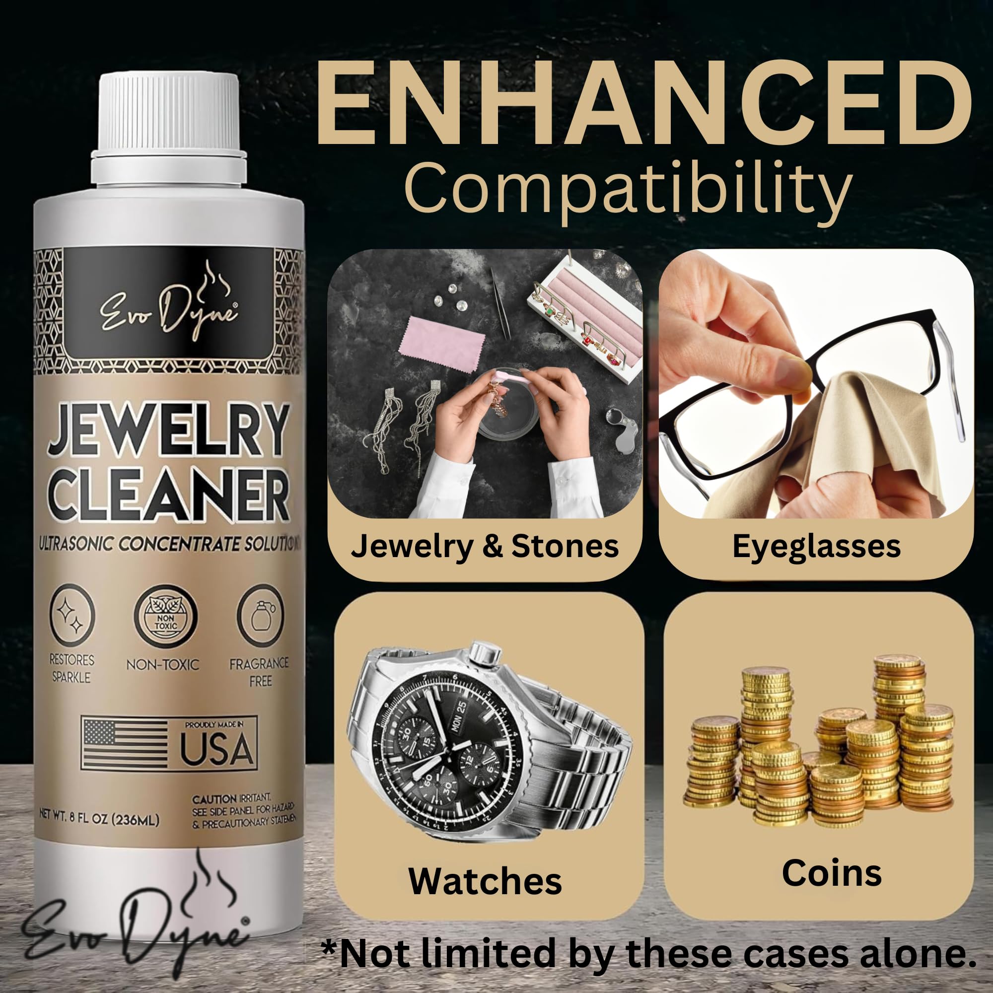 Ultrasonic Jewelry Cleaner Solution (16oz) Concentrated Jewelry Cleaner for Diamonds, Gold, Silver & More | Compatible with Ultrasonic Machine (s) - Made in USA