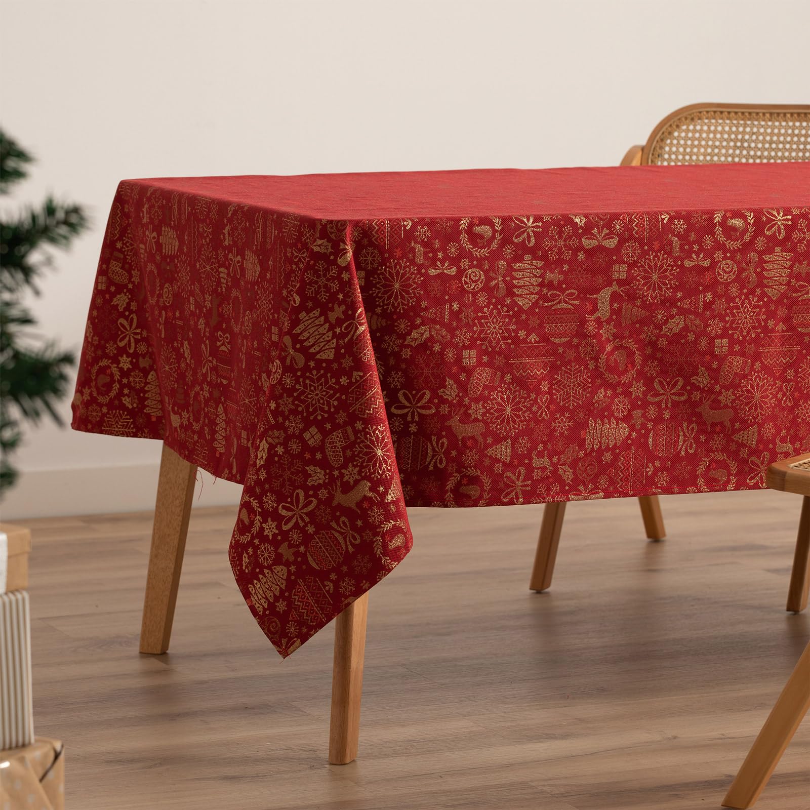 GAMUSI Tablecloth Christmas Jacquard Golden Thread Dining Table Rectangular Christmas Decoration 140 x 300 cm, Red