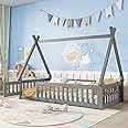 Mirightone Twin Floor Bed for Kids Tent-Shaped Montessori Floor Bed with Slats and Guardrails Twin Size Wood Teepee Bed Frame with Fence and Door for Boys Girls, Grey
