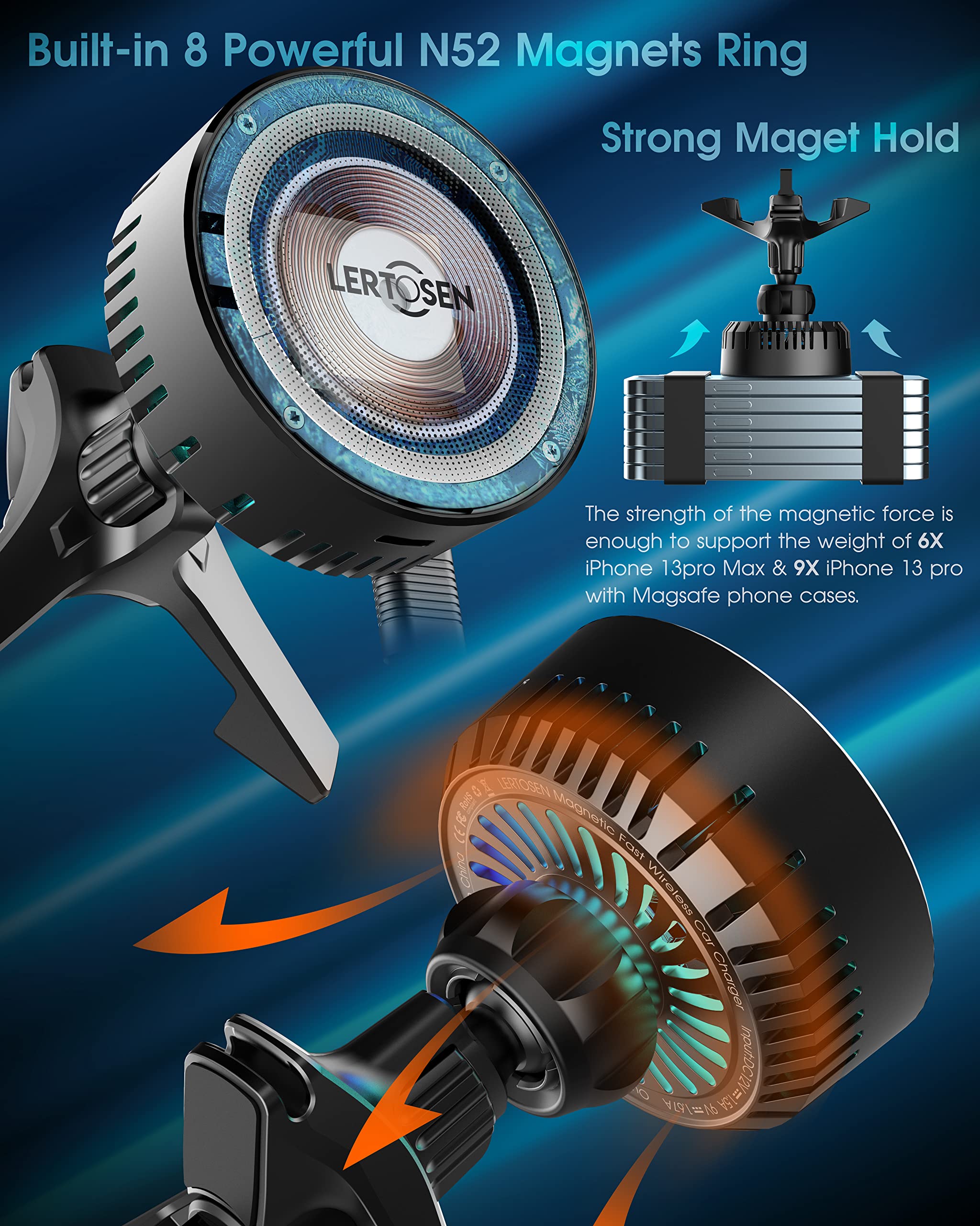 【Semiconductor Cooling Version】 Magsafe Car Charger, LERTOSEN Magnetic Wireless Car Charger for iPhone 14/13/12/Pro/Pro Max/Mini,15W Fast Charging Mag Safe Car Mount Charger Air Vent Phone Holder