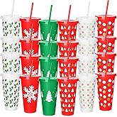 LemonRoad 24 Pcs Christmas Plastic Cups with Flat Lids and Straws 24 oz Xmas Plastic Tumblers 6 Patterns Reusable Drinking Water Cups for Cold Drinks Christmas Party Favors Supplies(Stylish Style)
