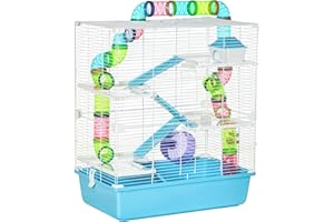PawHut Extra Large 23" Hamster Cage with Tubes and Tunnels, Portable Carry Handles, Rat House and Habitats Big 5-Tier Design, Mouse Cage Includes Exercise Wheel, Water Bottle, Food Dish, Light Blue