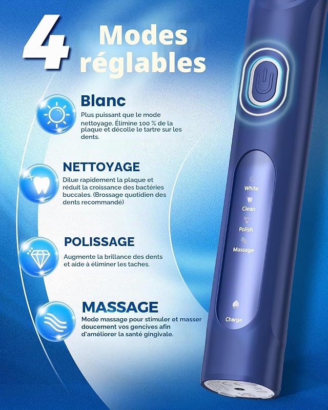 Brosse à Dents Électrique Rotative, 8 Têtes 4 Modes