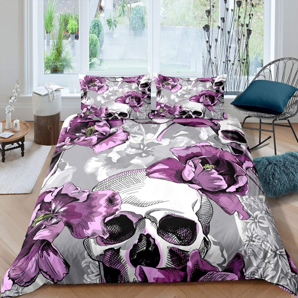 Loussiesd Sugar Skull Bedding Set Skull Pattern Duvet Cover For Kids Children Teens Purple Floral Flowers Comforter Cover Skeleton Design Bedspread Cover Bedroom Decor Quilt Cover 3Pcs Double Size