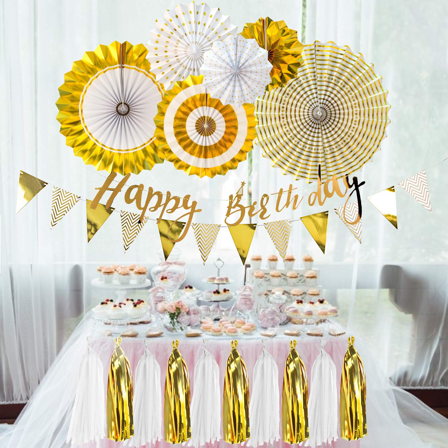 Easy Joy Anniversaire Or Blanc Decoration Kit Rosace Papier Dore Tassel Guirlande Happy Birthday Banner Pour Adulte Femme Homme Loisirs Creatifs Fournitures De Loisirs Creatifs Dwteam In