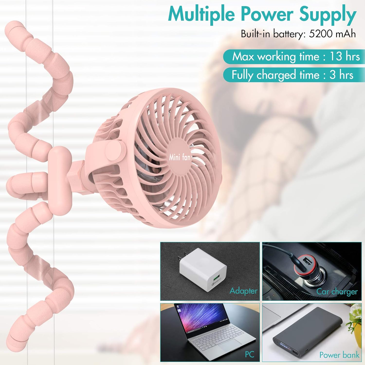 Versatile Fan, 5200mAh Battery Powered Clip-on Personal Desk Fan with Flexible Tripod, Ultra Quiet 360°Adjustable USB Fan for Stroller/Car Seat/Treadmill/Camping/Hurricane/Outage: Kitchen & Dining