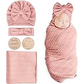 DRESHOW BQUBO Baby Swaddle Blankets for Girls, 4PCS Newborn Accessories Set with Matching Hat and Bow Headband with Card