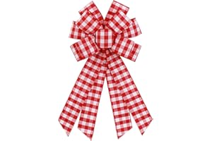 Ftuuo Large Red White Buffalo Plaid Wreath Bows, Farmhouse Burlap Bow for Wreath Rustic Crafts Decorative Hanging Ornament Bow for Indoor Outdoor Wedding Holiday Birthday Party Decorations