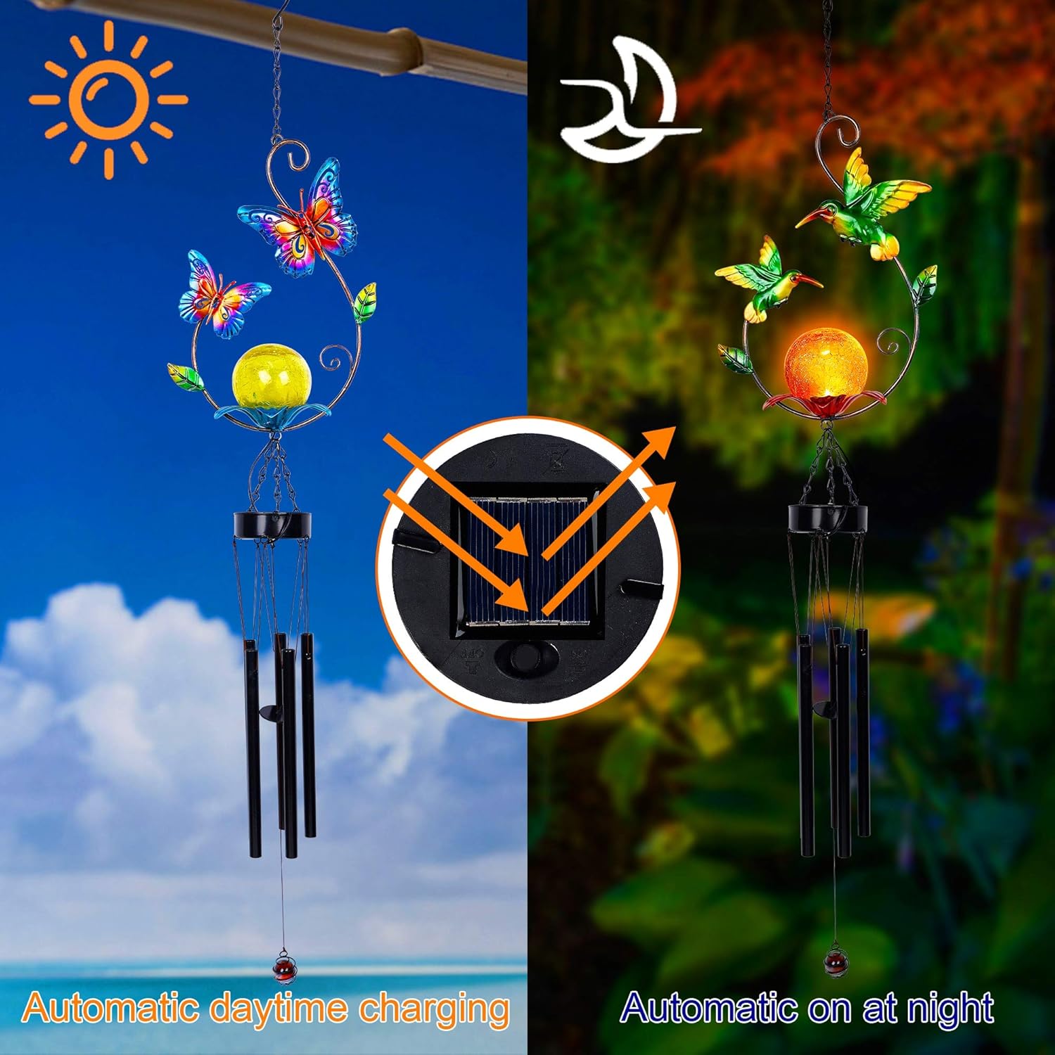 MAGGIFT 2 Pack Solar Outdoor Wind Chimes, Metal Butterfly & Hummingbird Wind Chime with Warm White LED Globe Glass, Mobile Hanging Decorative Patio Lights for Yard Garden, Gifts for Mom Women Wife : Garden & Outdoor
