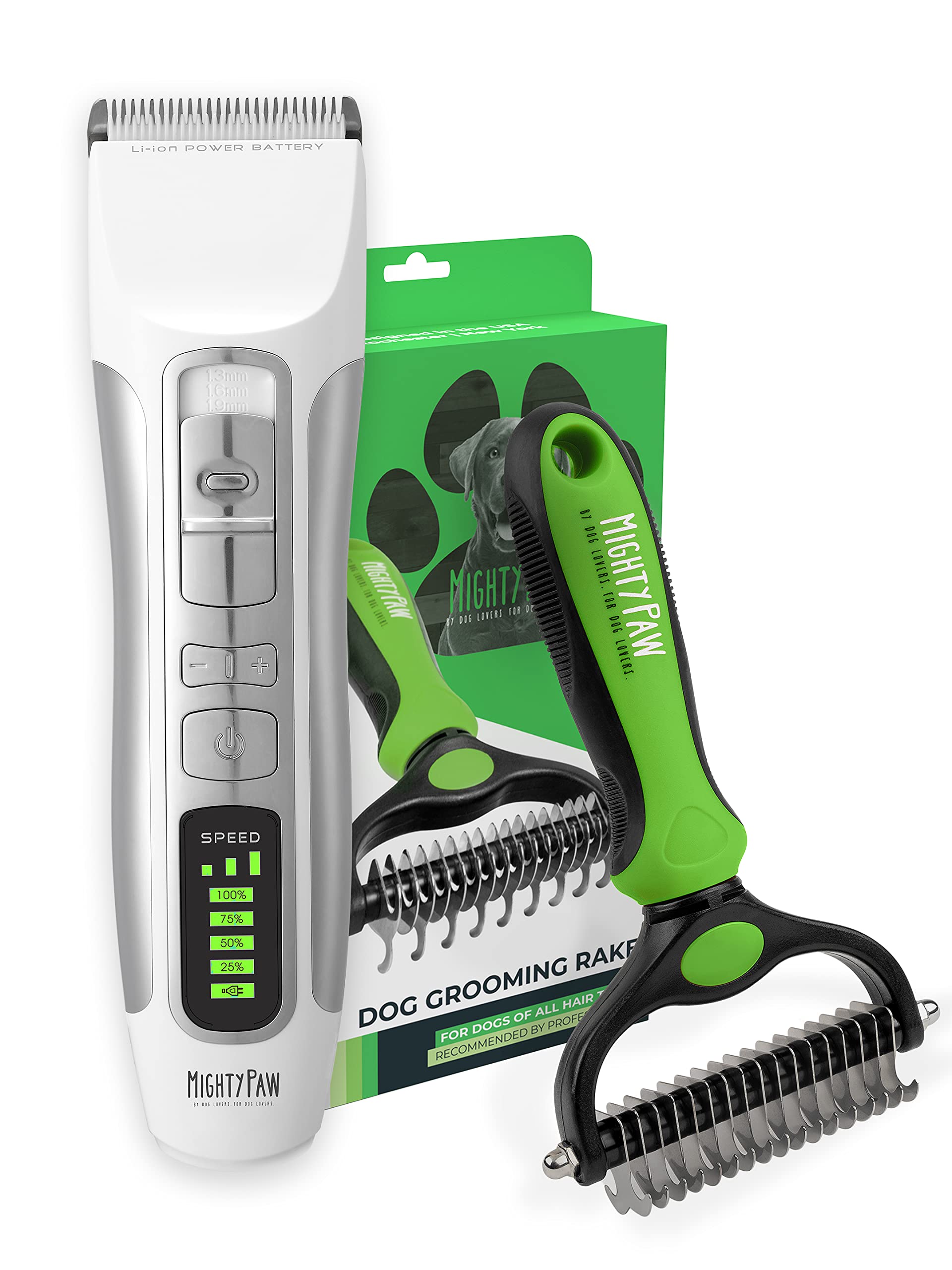 Mighty Paw Professional Grade Dog Grooming Clippers and Dog Grooming Rake Bundle