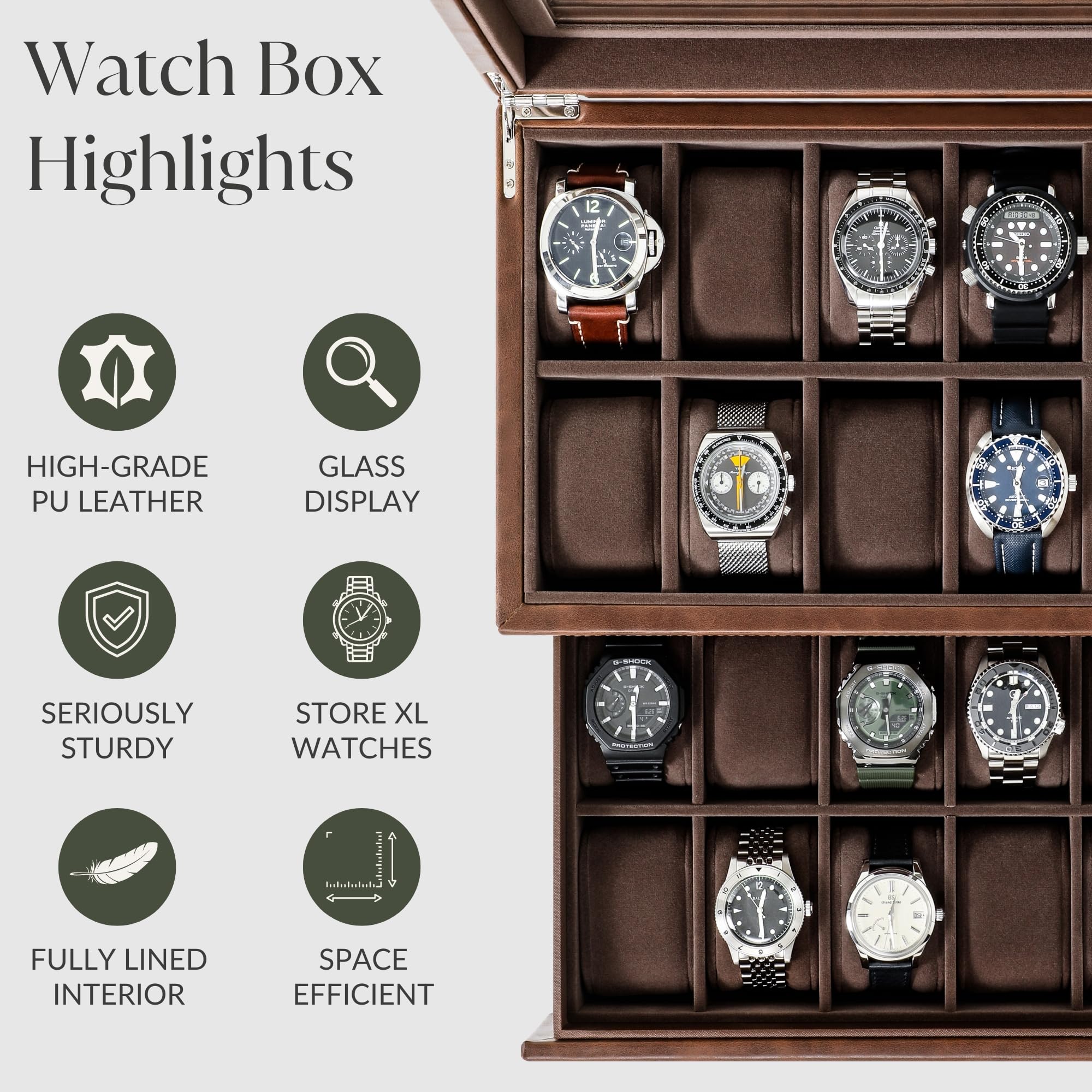 TAWBURY 24 Slot Watch Box for Men - Double-Layer Design for Optimized Storage | Removable Drawer for Easy Handling (Brown)