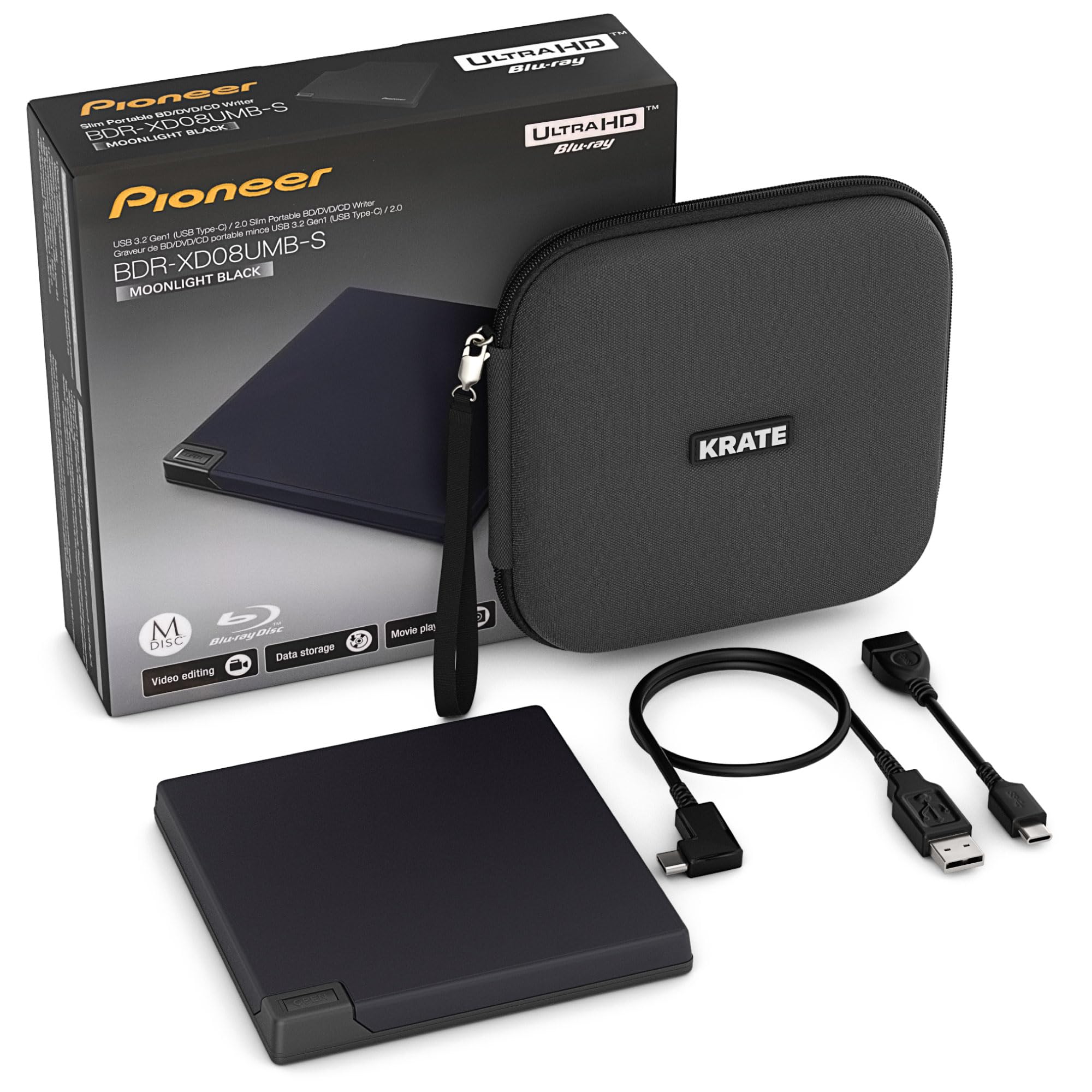 Pioneer BDR-XS08UMBS Blu-Ray Burner & Player - 6X Slim Portable External BDXL, BD, DVD & CD Drive for Windows & Mac with 3.2 USB - Write & Read on Laptop & Desktop, w/Carry Case