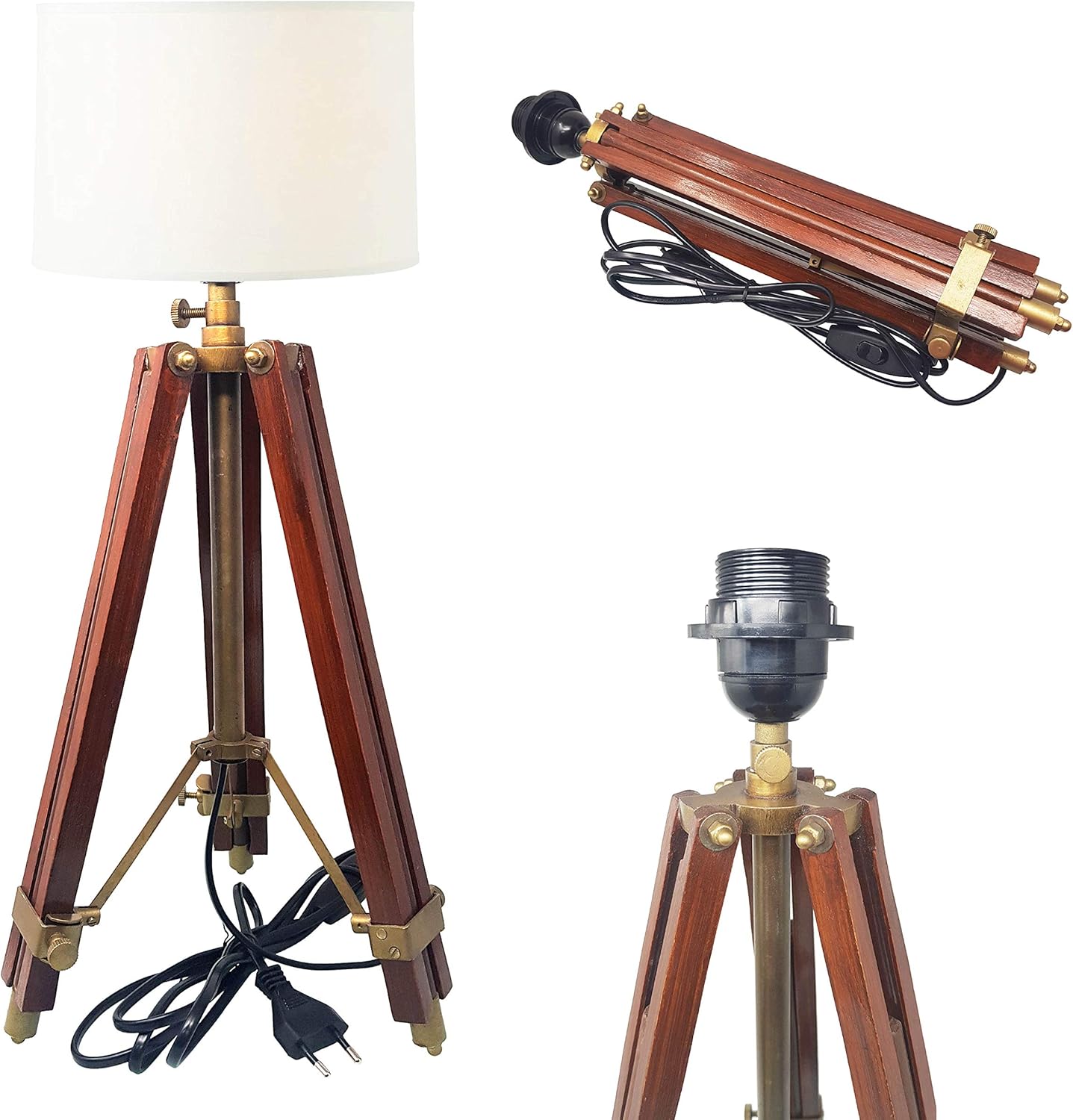 Brass Nautical Vintage Wooden Lamp Stand Shade Floor Tripod Adjustable ...