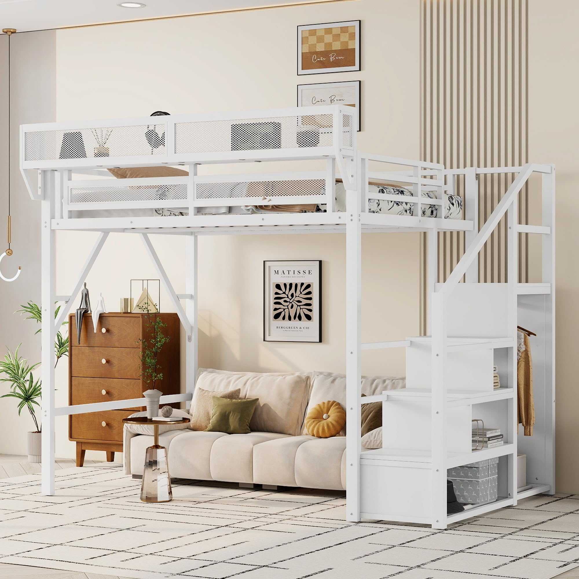 Photo 1 of KEIKI Full Size Metal Loft Bed Frame with Convertible Staircase, Built-in Storage Shelves and Wardrobe, Loft Bed with Solid Slats, Guardrail, No Box Spring Required, Easy Assembly, for Bedroom, White