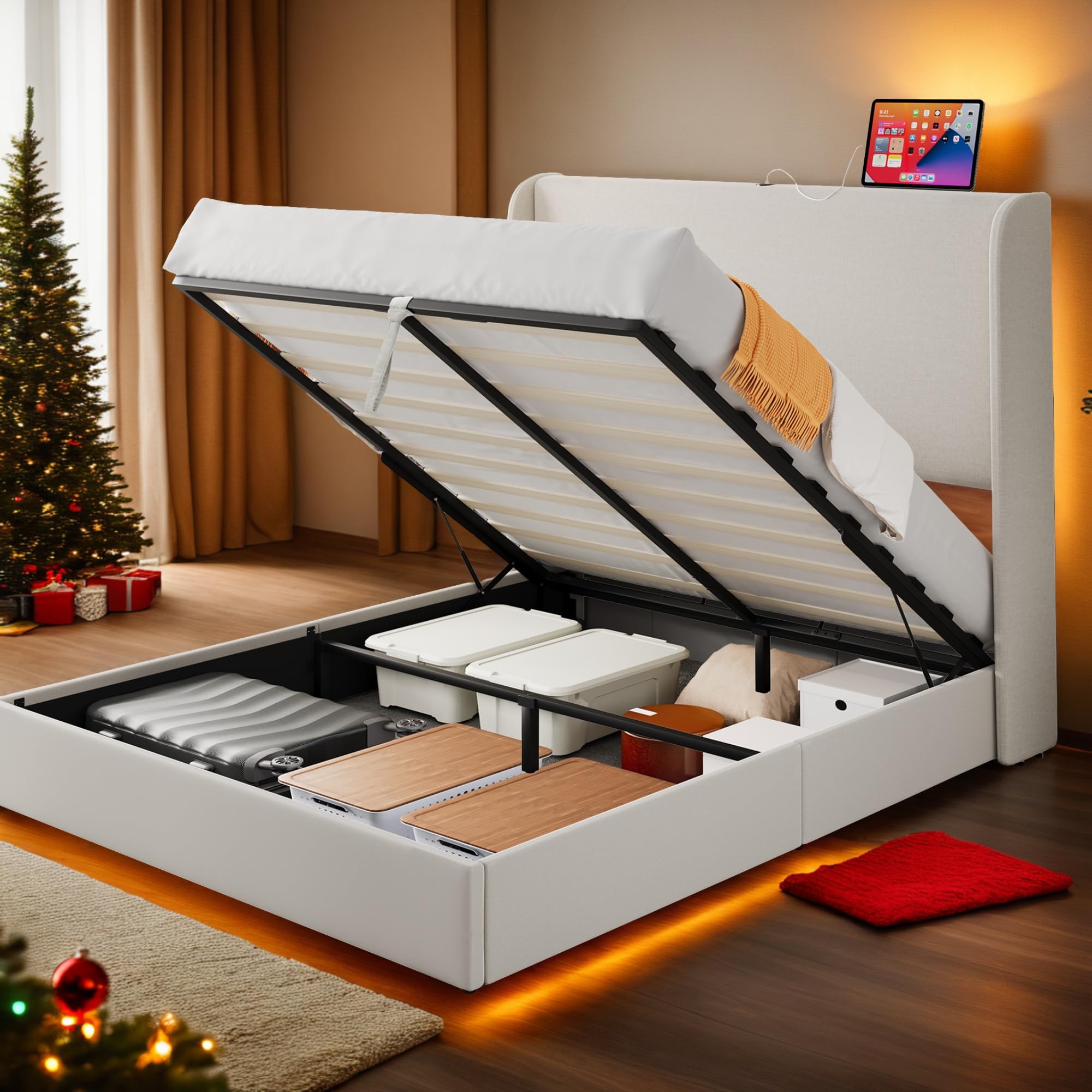 Photo 1 of YITAHOME Queen Size Lift Up Storage Bed Frame with Type-C & USB Port, Modern Linen Upholstered Platform Bed Frame with 50.4" Tall Wingback Headboard/Hydraulic Storage/No Box Spring Needed, Beige