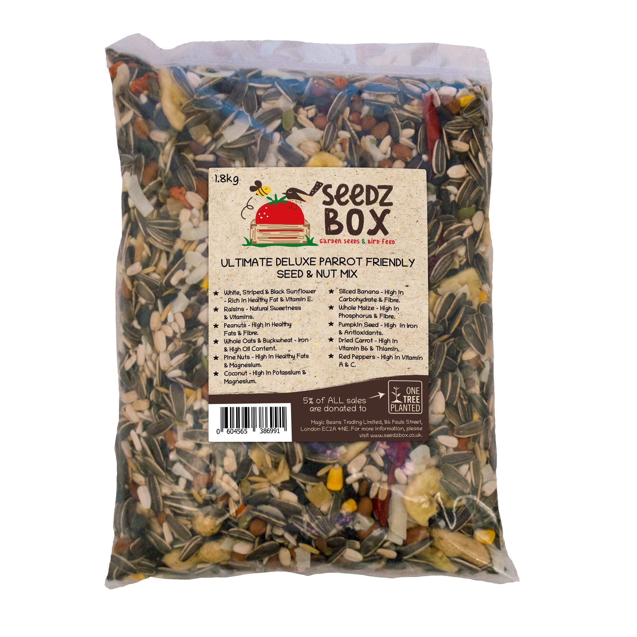 Parrot Food 1.8kg - Seed and Nut Mix Feed SeedzBox - Natural Healthy Pet Treats and Snacks - Banana Pumpkin Seeds Peanuts Whole Oats - Fats and Fibre