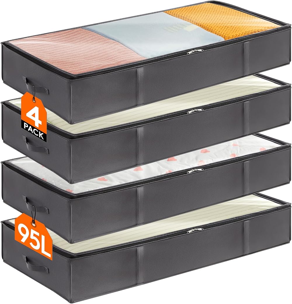 Lifewit 4 Pack 95L Under Bed Storage Boxes with Reinforced Handle - Grey