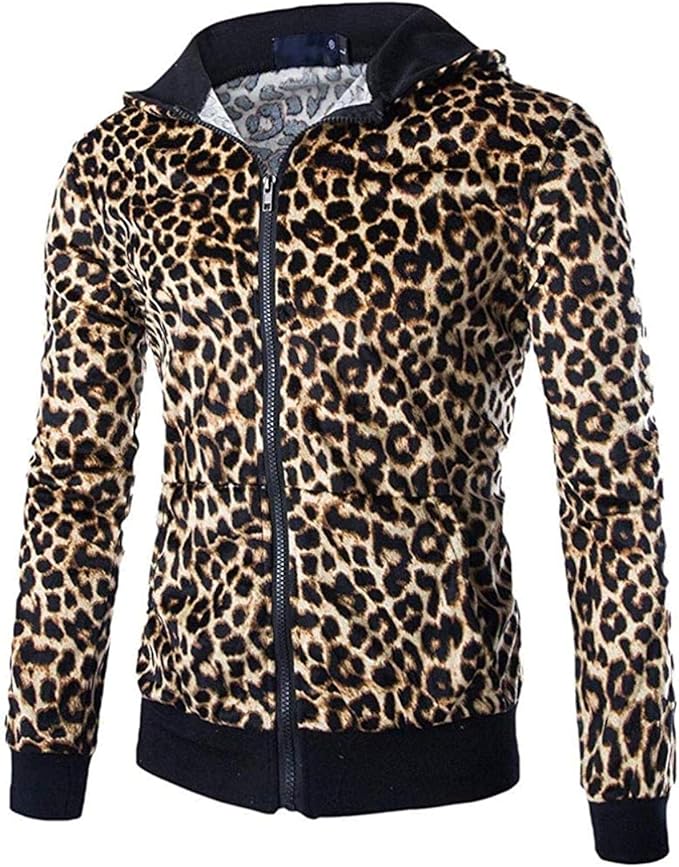 Mens Hoodies Leopard Print FullZip Hoodies Sweatshirts Jacket Coat
