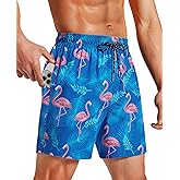 Milin Naco Mens Swim Trunks 5 inch Board Shorts with Zipper Pockets Bathing Suit Mesh Lining Swimsuit Quick Dry Blue Flamingo