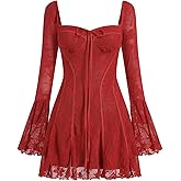Women's Short Corset Y2k Mini Dress Long Sleeve Low Cut Lace Dress Vintage Solid Floral Party Dresses