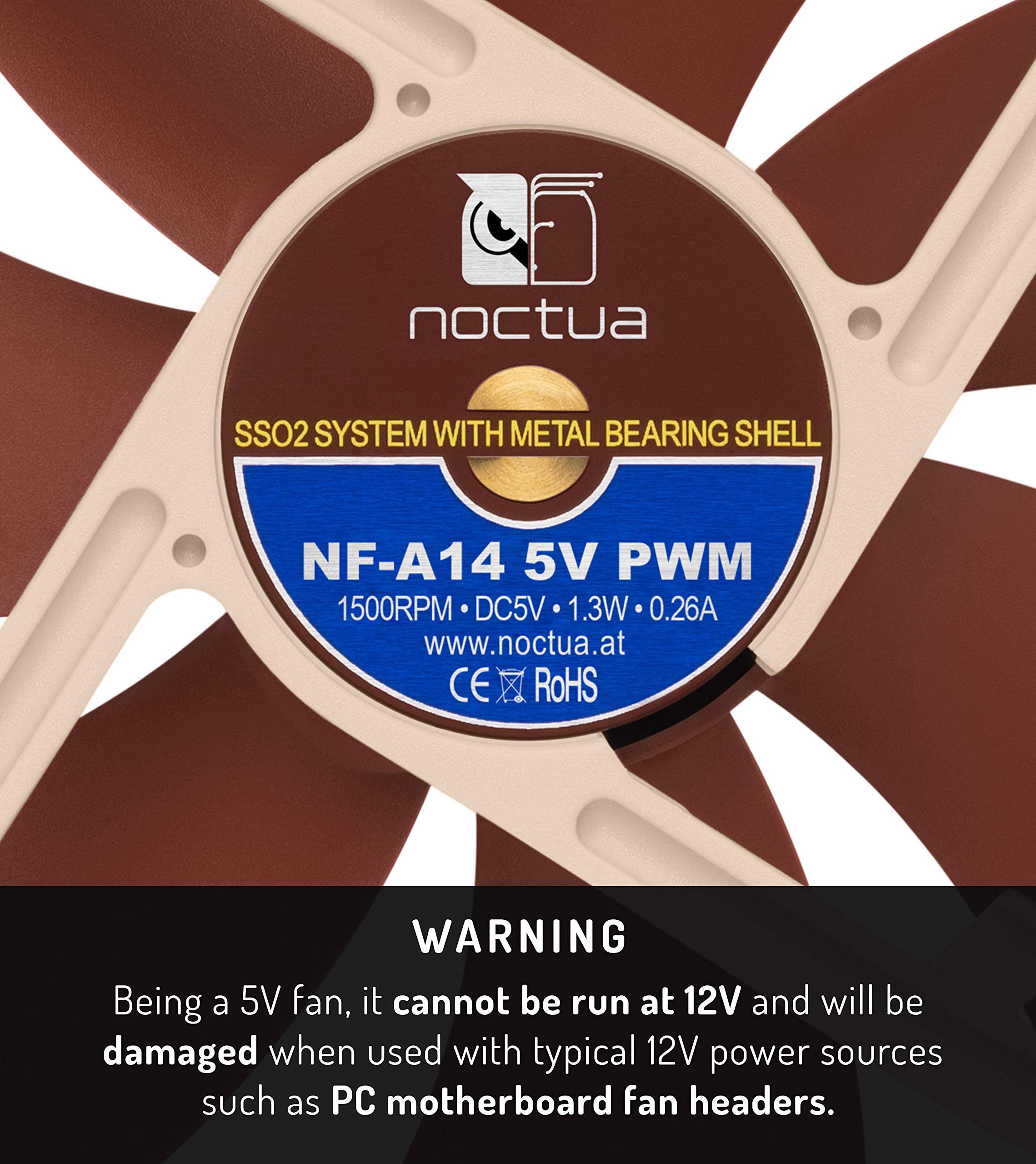 Noctua NF-A14 5V PWM, Premium Quiet Fan with USB Power Adaptor Cable, 4-Pin, 5V Version (140mm, Brown)