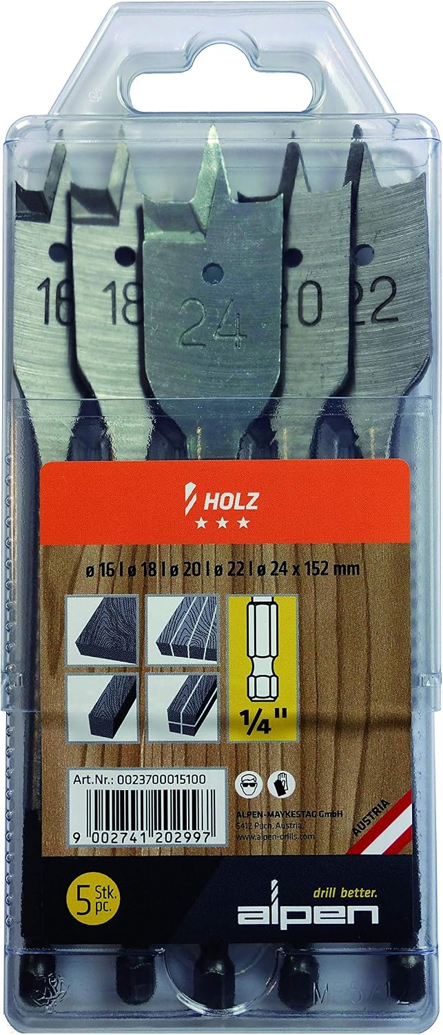 Alpen 23700015100 Dowel Drills in Cassettes/Plastic Wallets 16-18-20-22-24mm 5 Pcs., 0 V, Grey