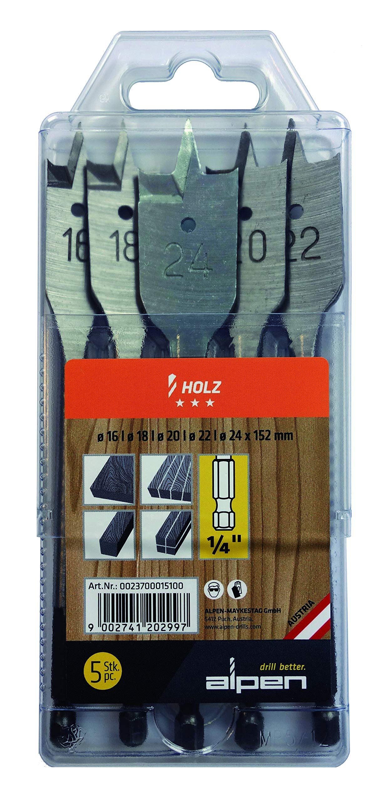 Alpen 23700015100 Dowel Drills in Cassettes/Plastic Wallets 16-18-20-22-24mm 5 Pcs., 0 V, Grey