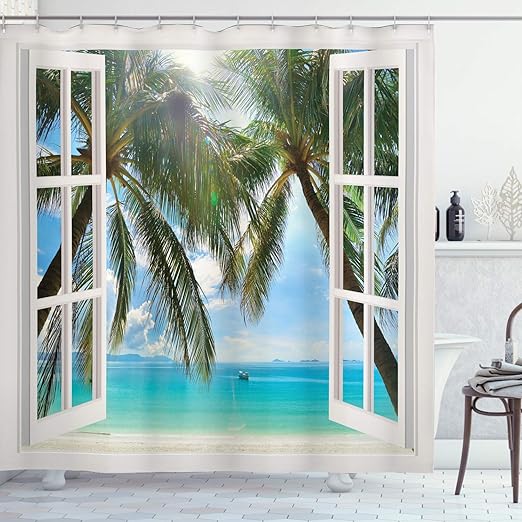 Amazon Com Ambesonne Tropical Shower Curtain Window To The Exotic Beach Landscape Pastoral Composition With Palm Trees Cloth Fabric Bathroom Decor Set With Hooks 70 Long Aqua Green Home Kitchen