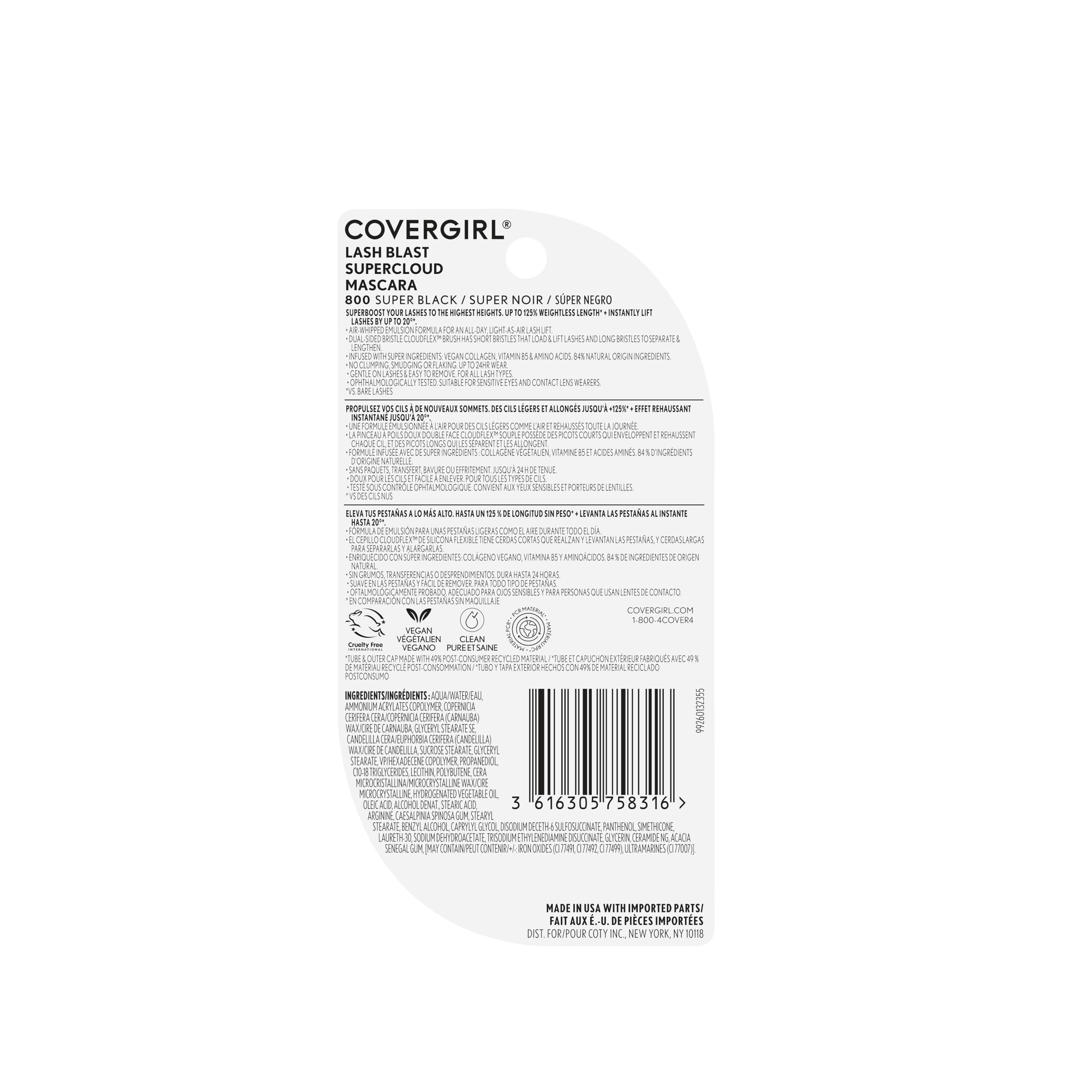 COVERGIRL Lash Blast Supercloud, 800 Super Black, Mascara, Long-Lasting, No Clump or Smudge, Doesn't Flake, Vegan, 0.33oz