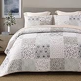 Exclusivo Mezcla Reversible Boho Quilts Queen Size, Gray Bedspreads Lightweight Coverlet All Season Patchwork Quilt Bedding Set with Printed Floral Pattern (1 Quilt, 2 Pillow Shams)
