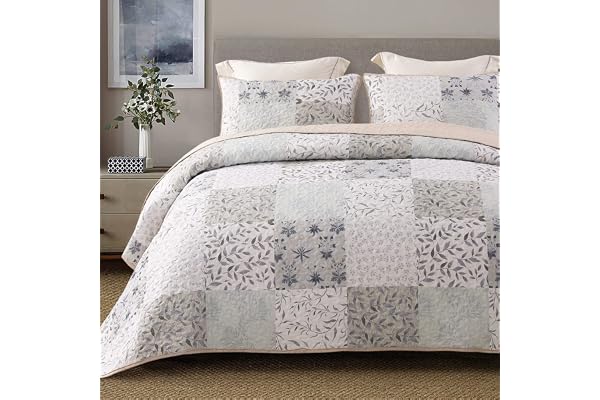Exclusivo Mezcla Reversible Boho Quilt Set Queen Size, 3 Pieces Patchwork Gray All Season Bedspreads, Ultra Soft Floral Cover