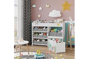 BOTLOG Kids Toy Storage Organizer, Kids Bookshelf with Rolling Toy Chest and 10 Fabric Boxes, 4-Tier Toy Shelf with Sling She