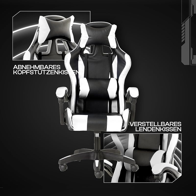 Gaming-Stuhl, ergonomischer Bürostuhl, gepolstert Gaming Sessel mit bequemer, Verstellbarer Rückenlehne, Gamer Chair mit Kopfstütze und Lendenwirbelstütze, Weiß