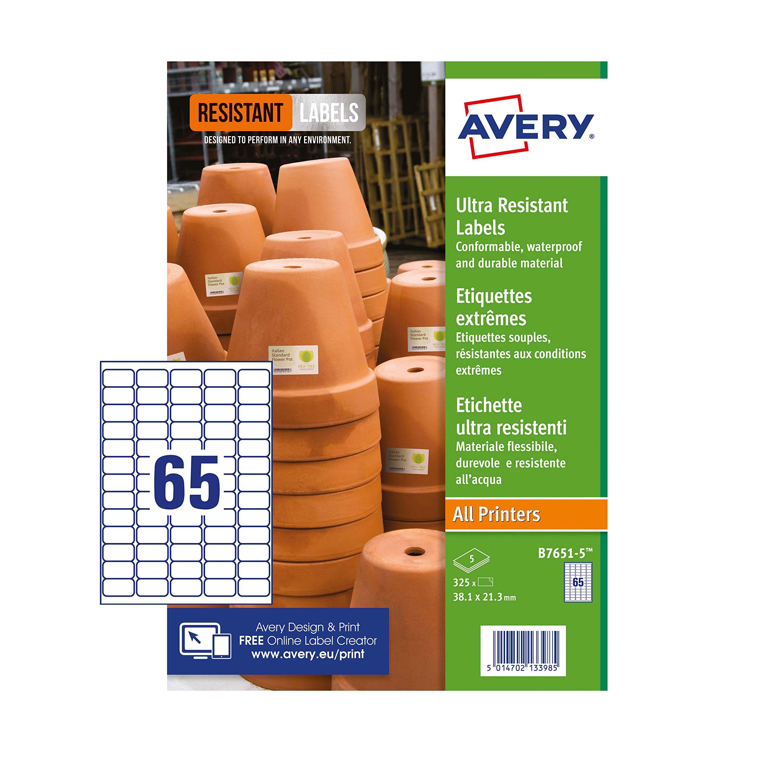 Avery Resistant, Printable, Ultra Resistant Labels Customisable, 99.1 x 139 mm, White, 4 Labels per Sheet, 80 Labels per Pack (B7651-5)
