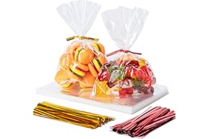 Aegero Cello Cellophane Treat Bags, 200 Pcs 4x6 Inches Clear Cellophane Bags with 200 Twist Ties for Gift Wrapping,Packaging Candies,Dessert,Bakery,Party Favors