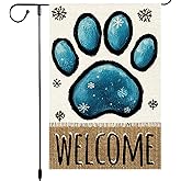 Welcome Garden Flag 12x18 Inch Double Sided Burlap Flag with Snowflake Paw Print Design for Winter Decor Outdoor Home Garden Yard