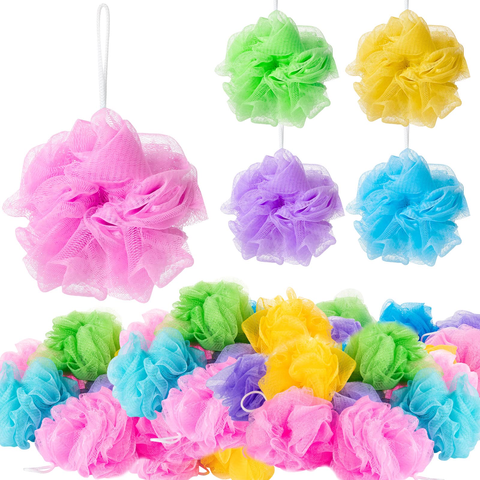 Photo 1 of CHENGU 80 Pcs Loofah Bulk Sponge Bath Sponges for Shower Bath Luffa Bulk Pouf Shower Puff Wash Body Pouf Mesh Loofah Exfoliating Body Scrubber for Baby Women Men, 20g (Mixed Colors)