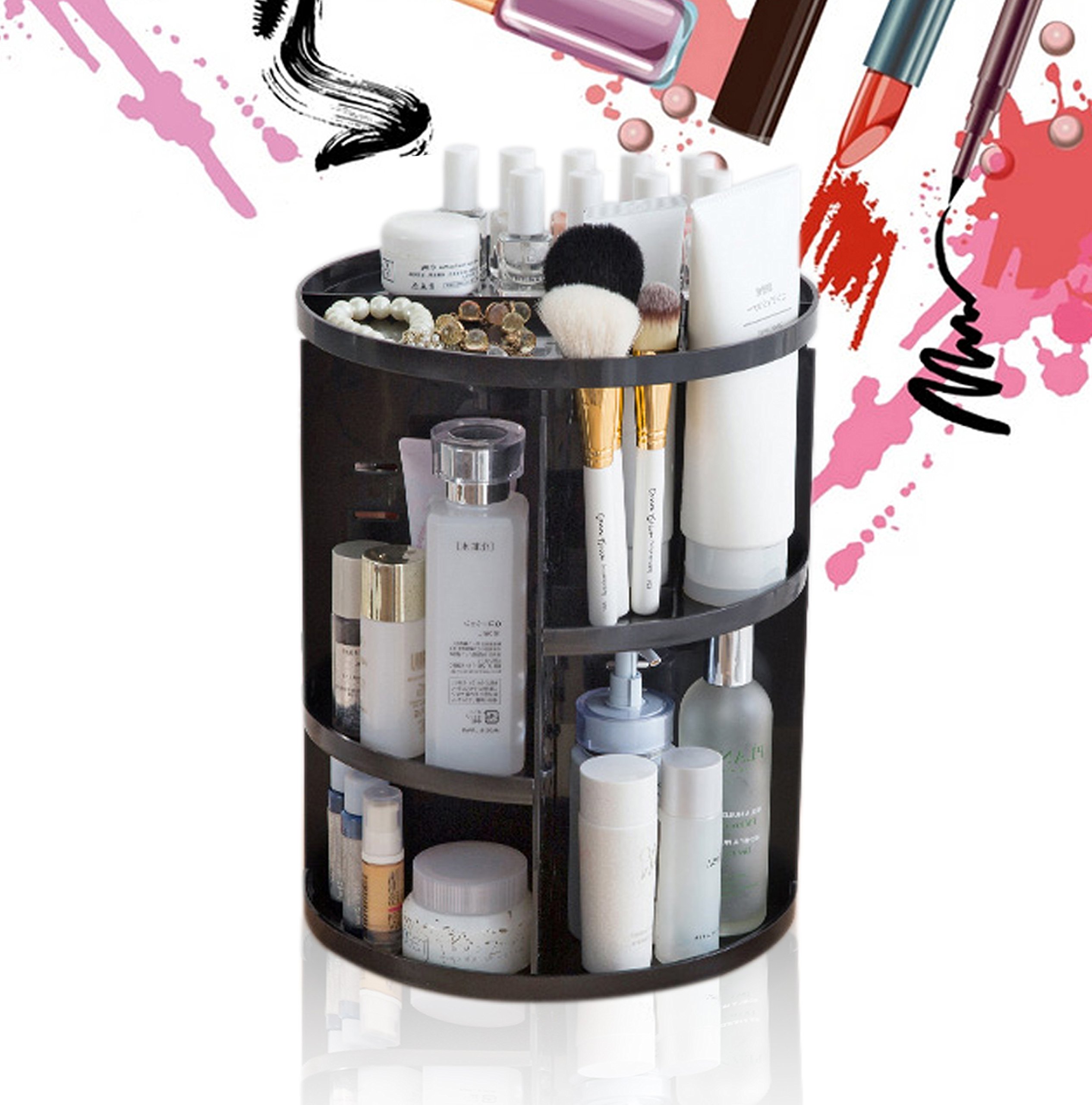 JJMG NEW 360° Rotation Table Top Make Up Organizer - Plastic Black Cosmetic Storage Case