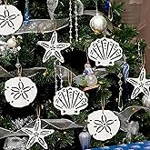 Coastal Christmas Tree Hanging Decor Wooden Ornaments Starfish, 12 Pcs Beach Christmas Ornaments Seashells Sanddollar for Nautical Xmas Tree Fireplace Home White Decoration