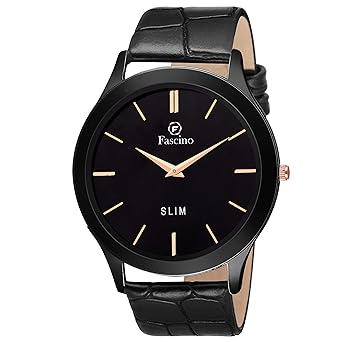 Fascino Mens Watches - Analog Round Black Dial Slim Watch with Leather Belt | FCW 1062-BLK