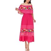Women Embroidered Mexican Dress Peasant Floral Sexy Off-Shoulder Long Dress | Summer Boho Midi Dress, Smocked Elastic Waist, Flowy Dresses, Floral Sundresses, Cinco de Mayo Outfits