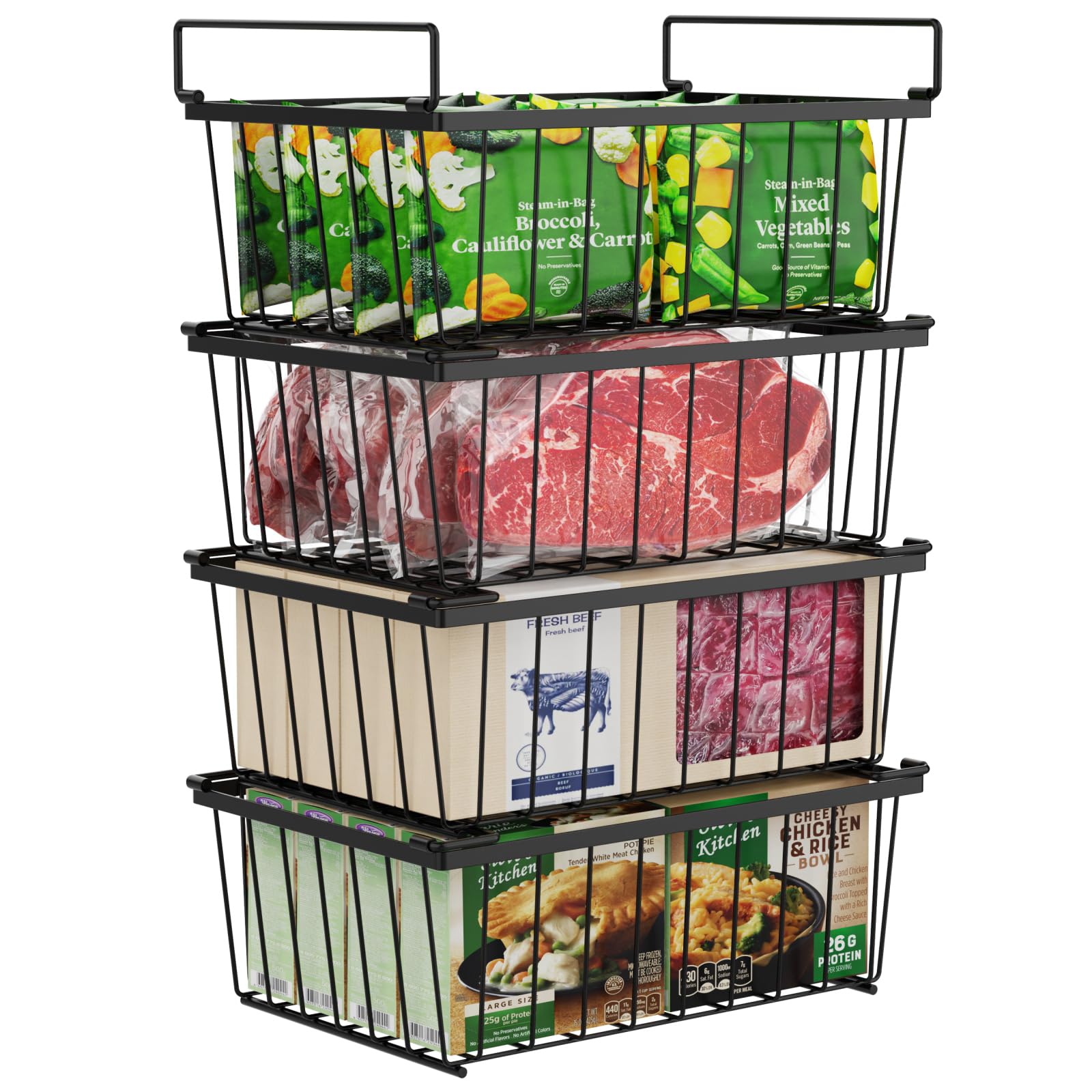 Photo 1 of iSPECLE Freezer Organizer Bins - 4 Pack Stackable Deep Freezer Organizer Bins for 5 Cu.Ft Chest Freezer Easy Get Food from Bottom without Digging, Add Space Sort Store More Frozen Food, Black