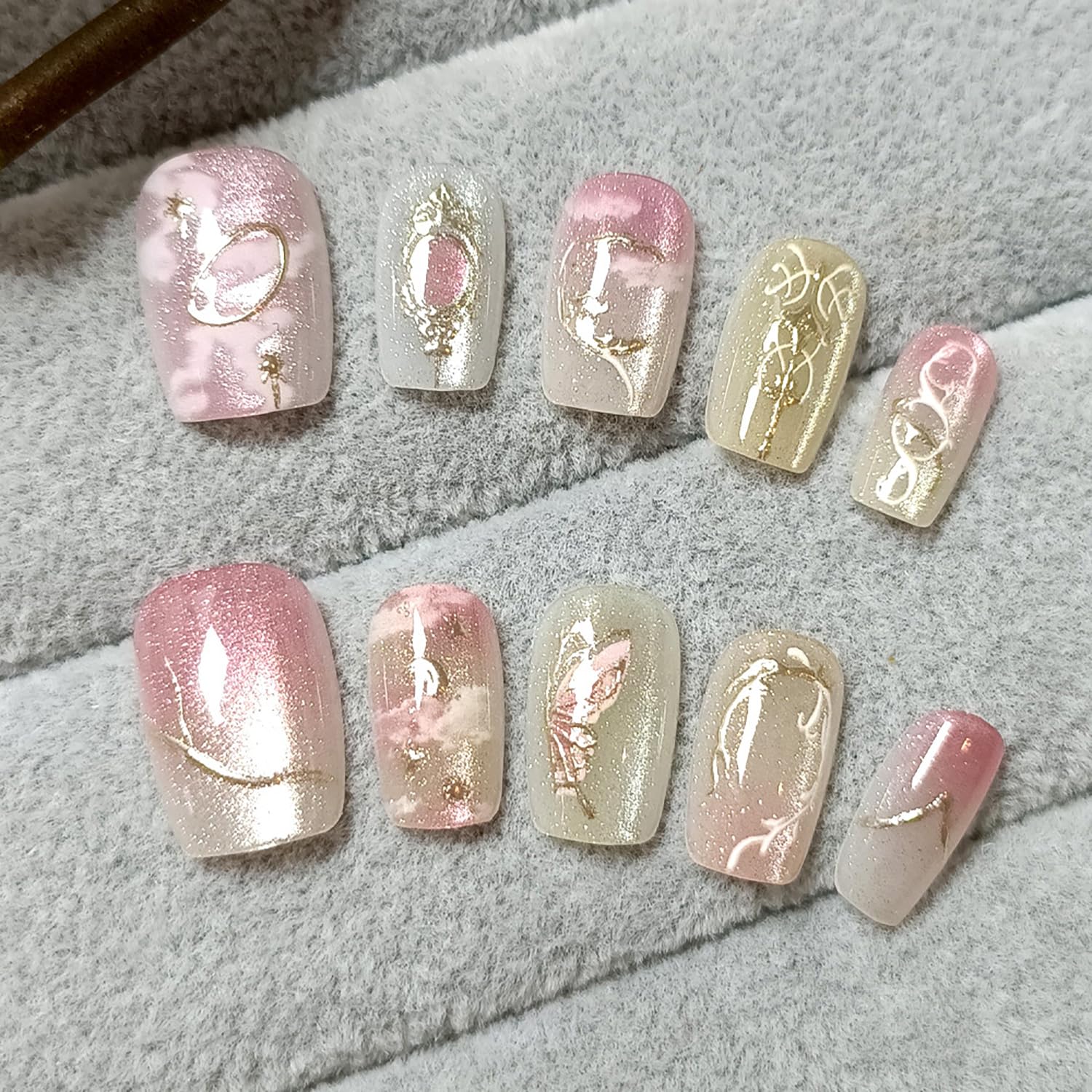 Photo 1 of 30Pcs Pink Press on Nails Short Square Fake Nails with Embossed Designs Glue on Nails Spring Summer Acrylic Nails Full Cover Butterfly False Nails Star Moon Stick on Nails for Women Nail Decoration