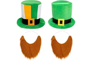 JAZGROM 2 Pack Leprechaun Hat St Patricks Day Irish Green Shamrock Top Hats with Beard Leprechaun Costume St Patricks Day Accessories